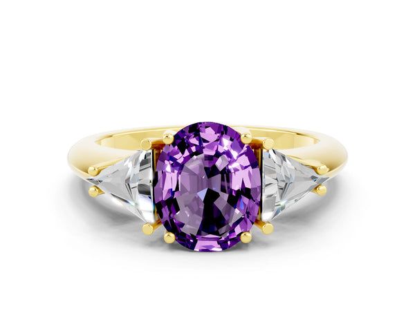 Yellow gold Three-Stone Oval Cut Amethyst Engagement Ring with Trillion Side Stones and Prong Setting