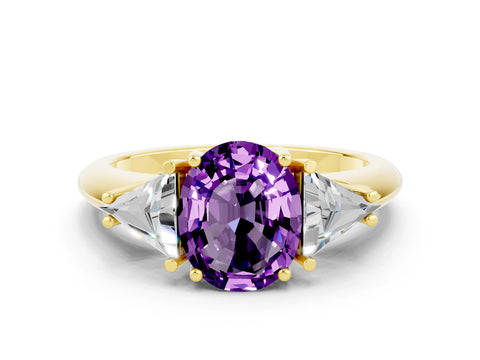 Yellow gold Three-Stone Oval Cut Cut Diamond Ring with Trillion Side Stones and Four-Prong Setting