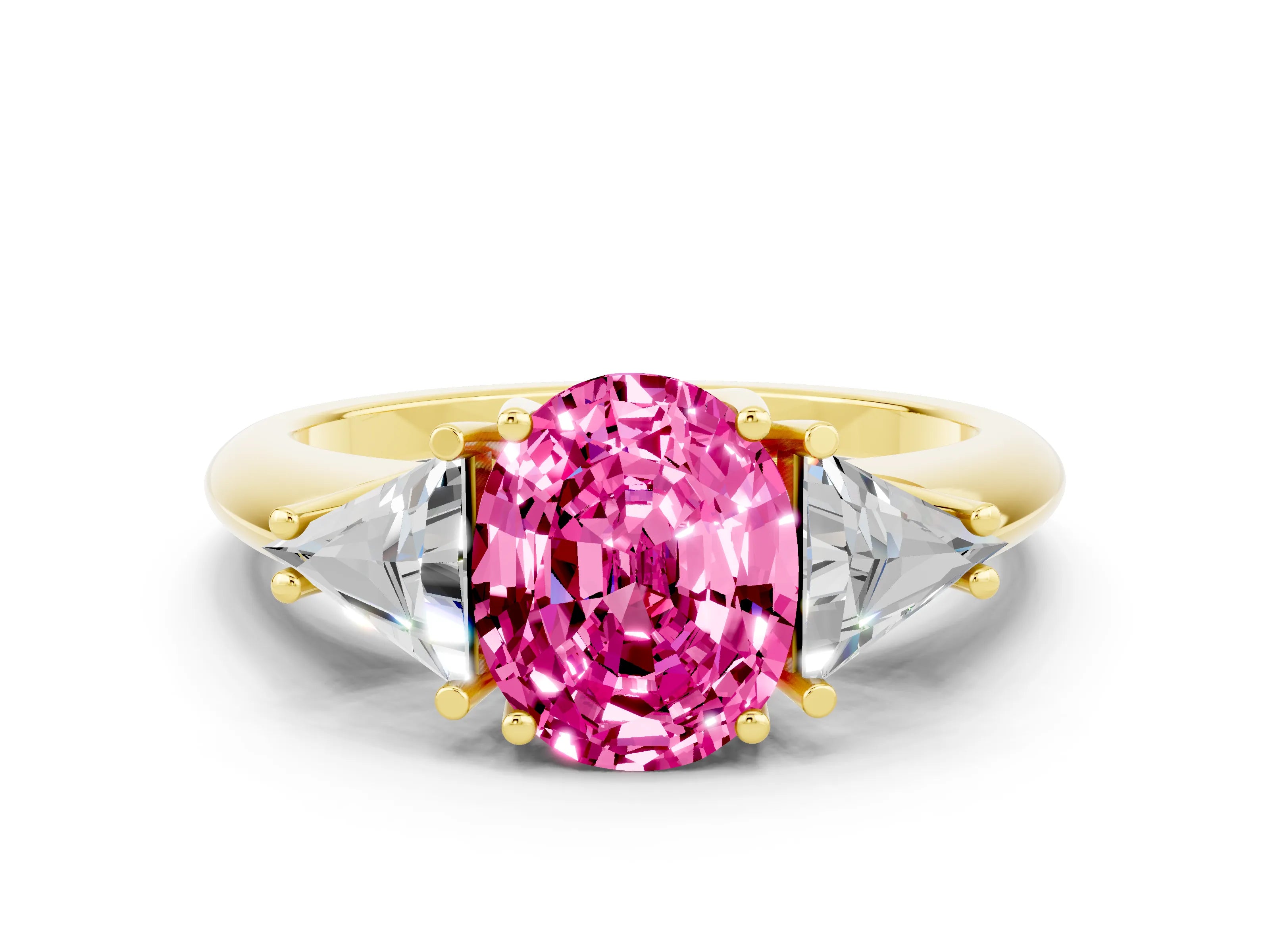 Yellow gold Three-Stone Oval Cut Cut Diamond Ring with Trillion Side Stones and Four-Prong Setting
