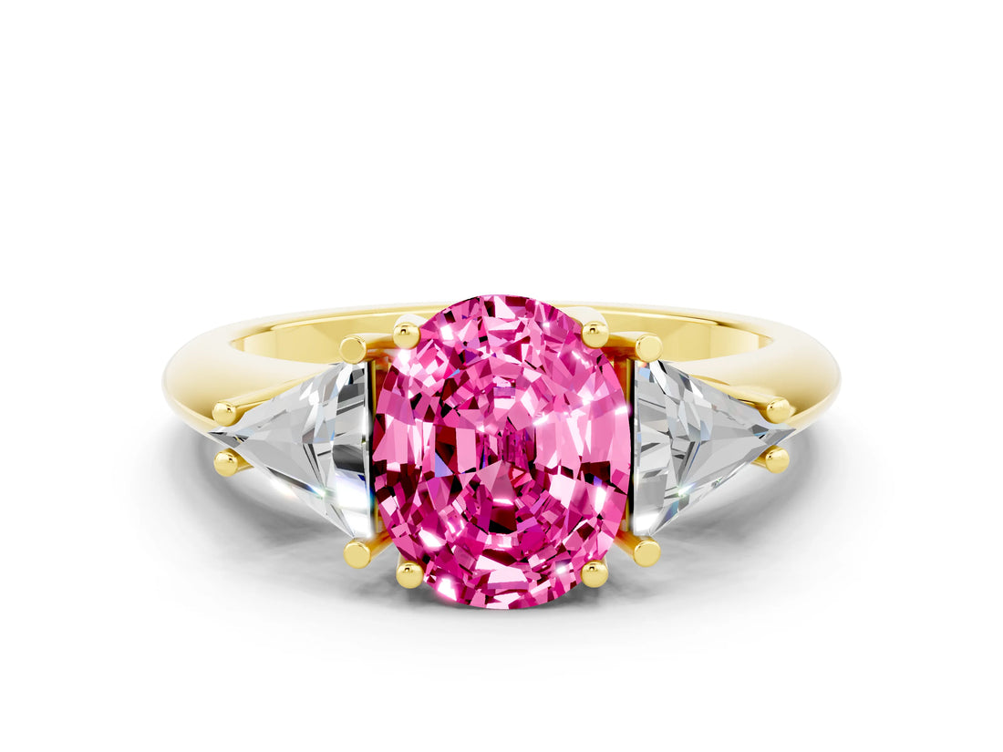 Yellow gold Three-Stone Oval Cut Cut Diamond Ring with Trillion Side Stones and Four-Prong Setting