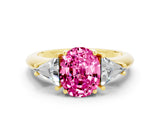 Yellow gold Three-Stone Oval Cut Cut Diamond Ring with Trillion Side Stones and Four-Prong Setting
