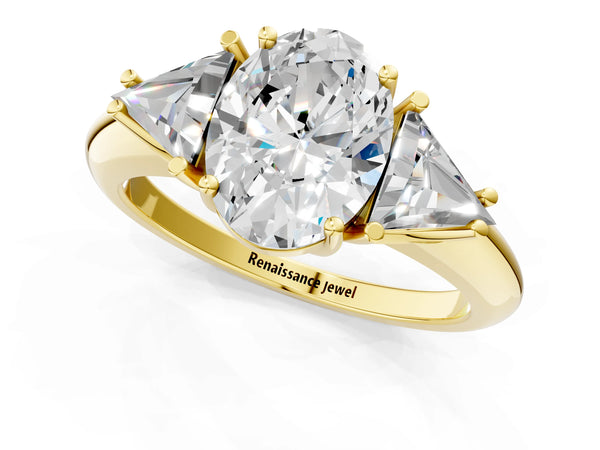 Yellow gold Three-Stone Oval Cut Cut Diamond Ring with Trillion Side Stones and Four-Prong Setting