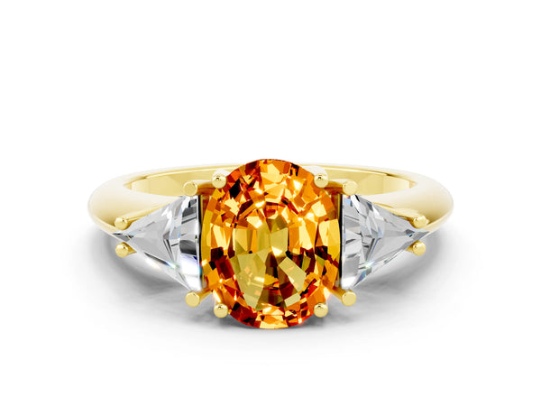Yellow gold Three-Stone Oval Cut Citrine Engagement Ring with Trillion Side Stones and Prong Setting