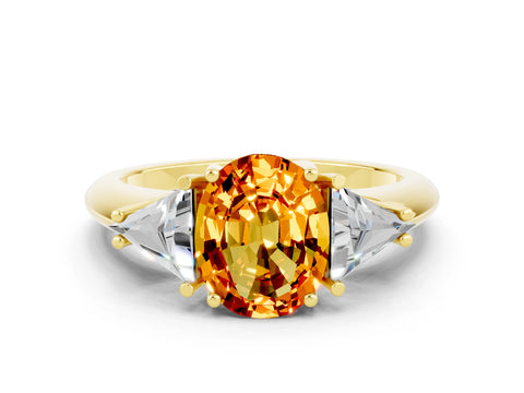 Yellow gold Three-Stone Oval Cut Cut Diamond Ring with Trillion Side Stones and Four-Prong Setting