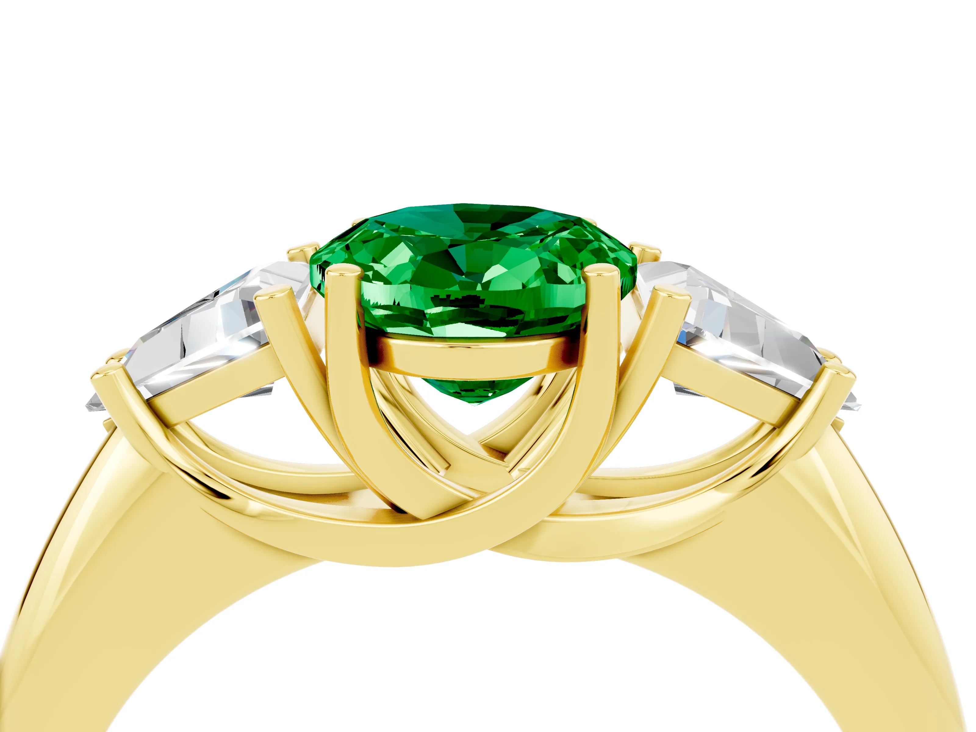 Yellow gold Three-Stone Oval Cut Cut Diamond Ring with Trillion Side Stones and Four-Prong Setting_4