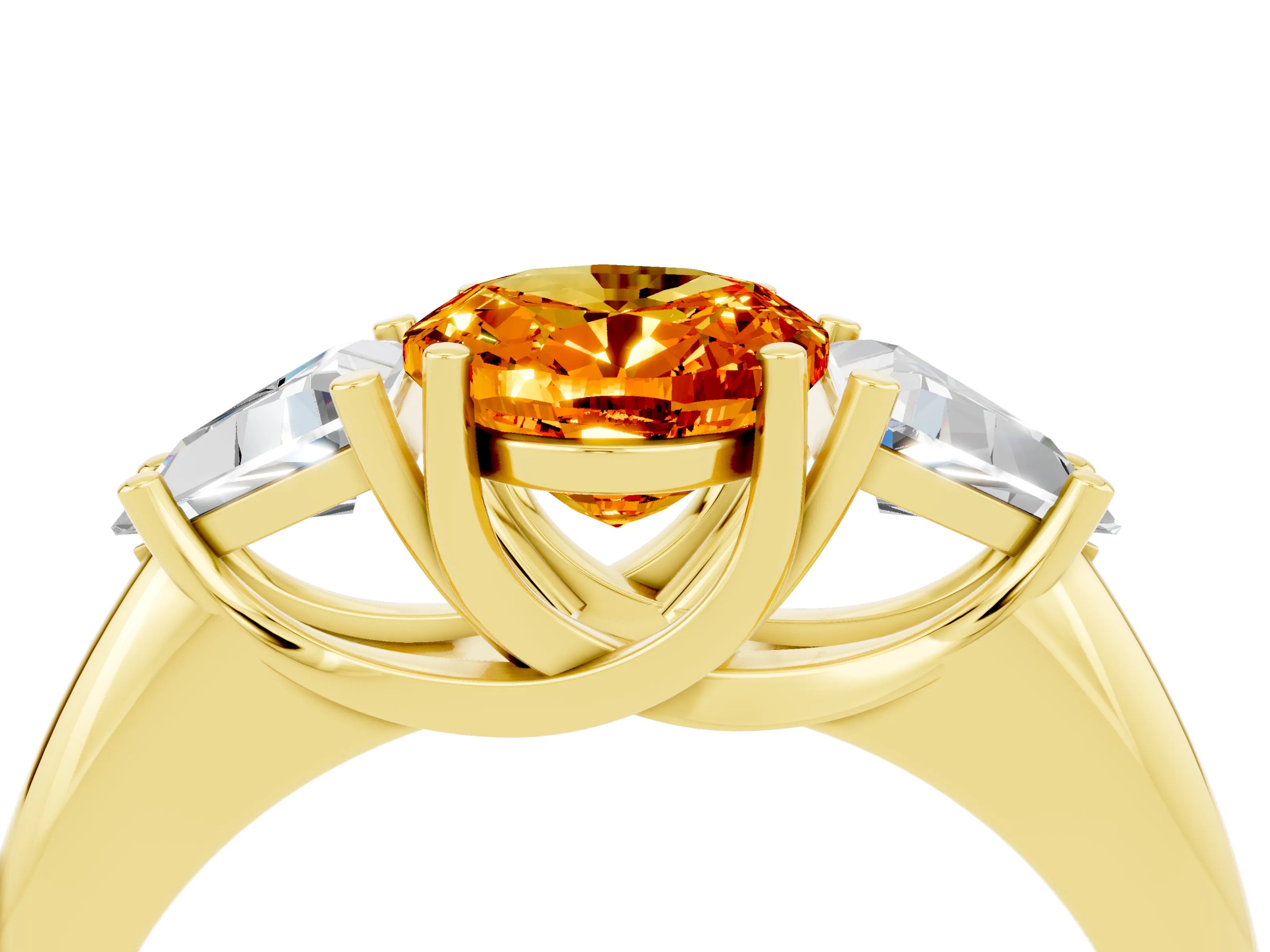 Yellow gold Three-Stone Oval Cut Cut Diamond Ring with Trillion Side Stones and Four-Prong Setting_4