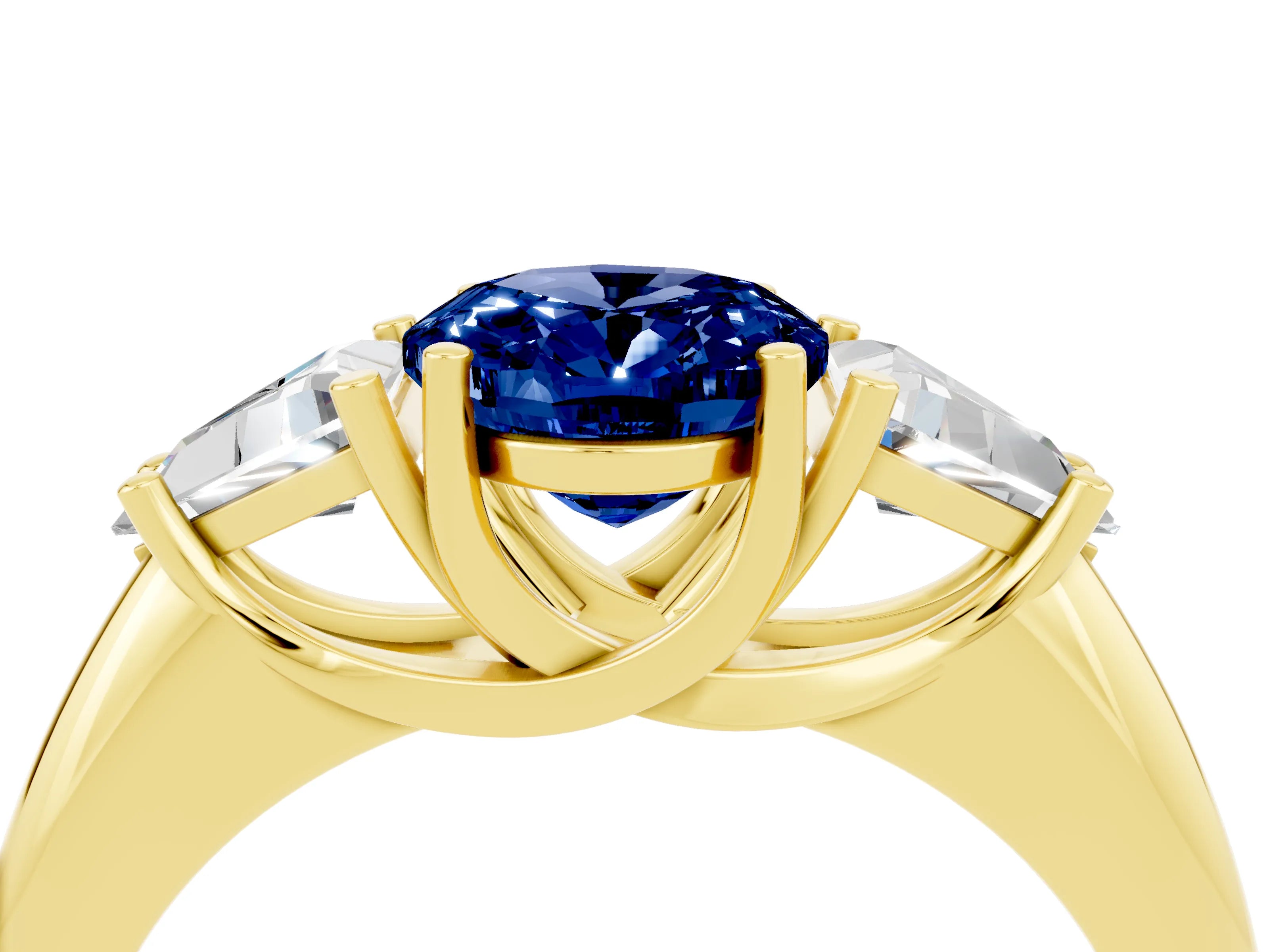 Yellow gold Three-Stone Oval Cut Cut Diamond Ring with Trillion Side Stones and Four-Prong Setting_4