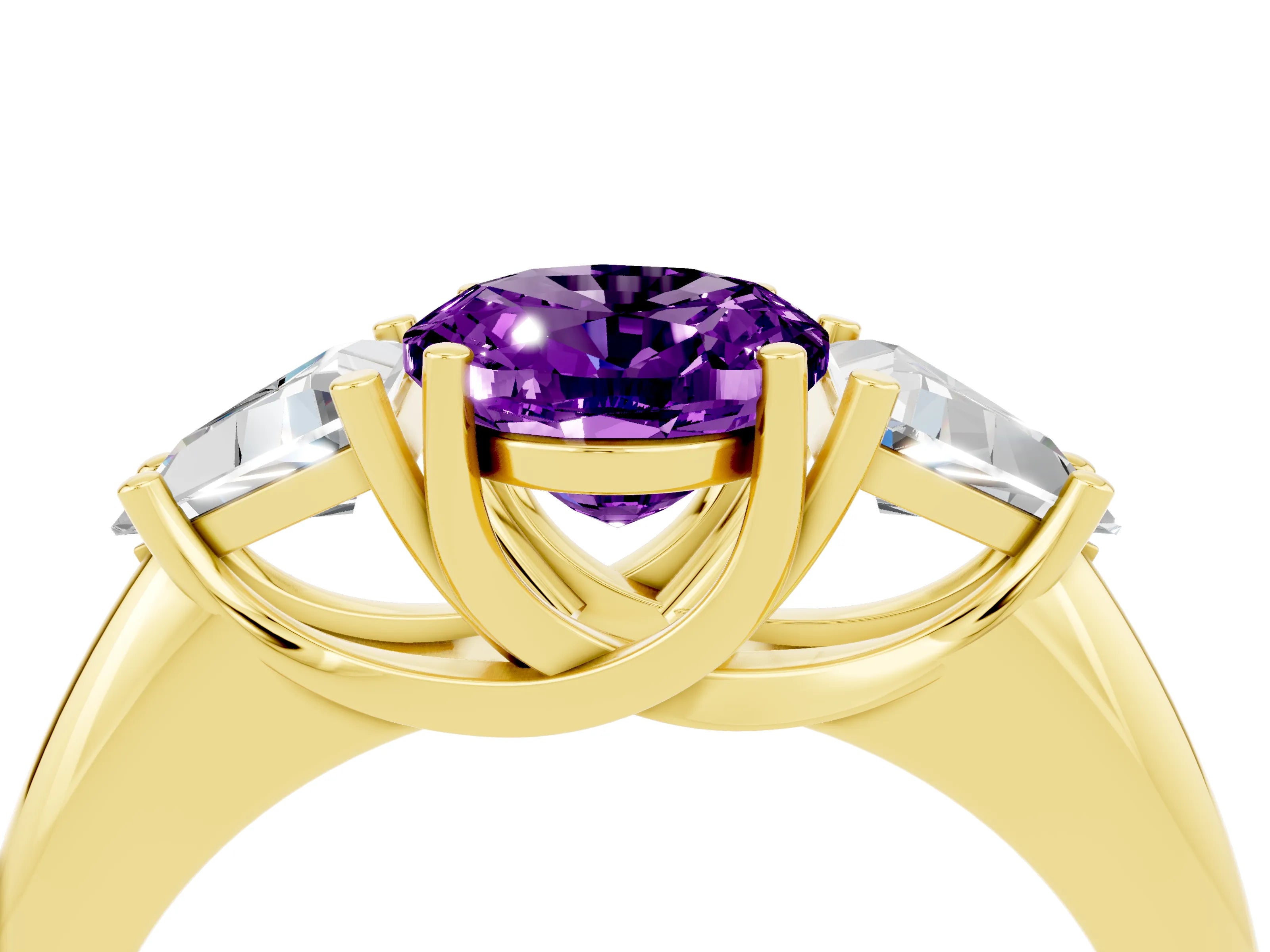 Yellow gold Three-Stone Oval Cut Cut Diamond Ring with Trillion Side Stones and Four-Prong Setting_4