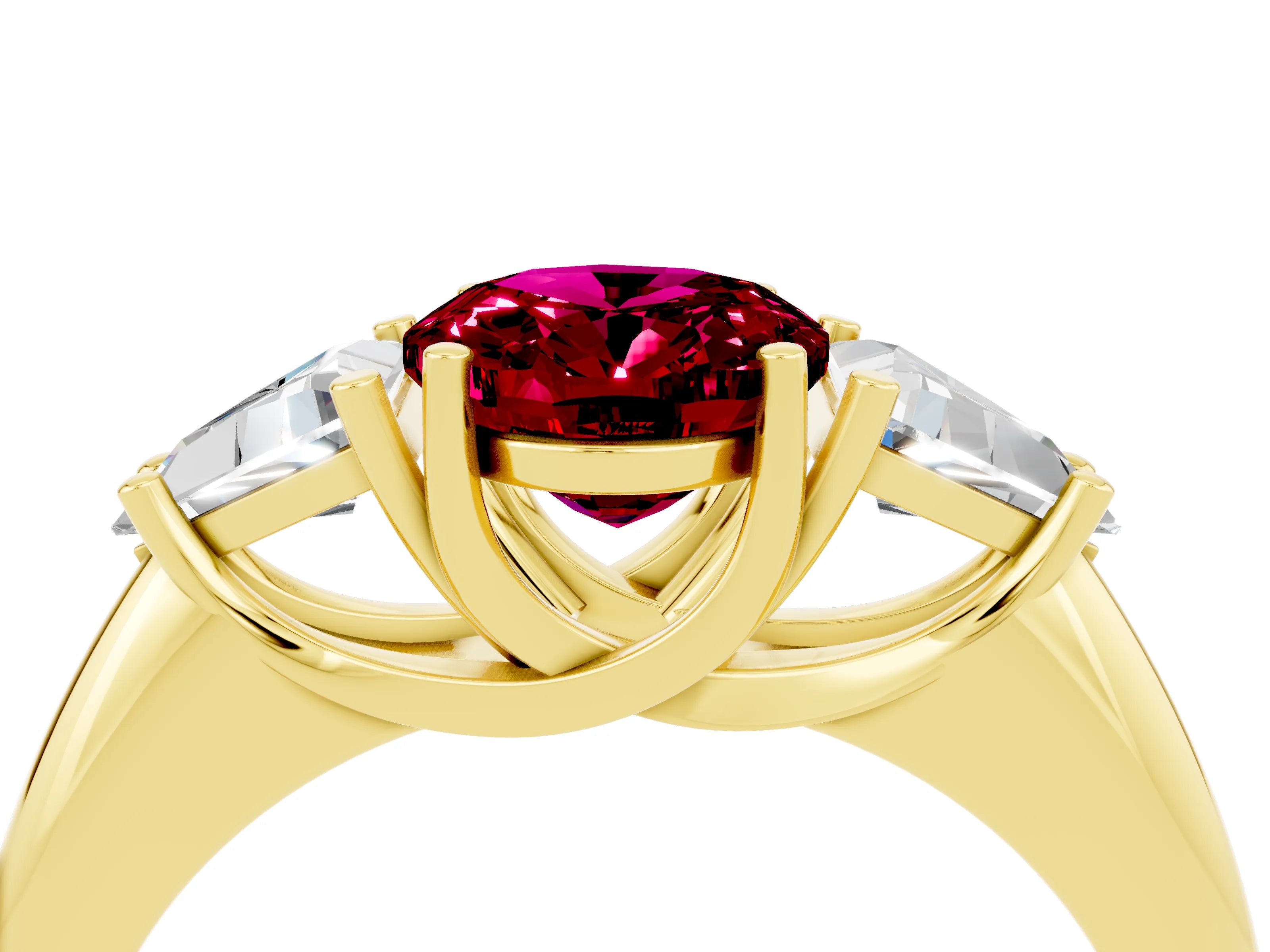 Yellow gold Three-Stone Oval Cut Cut Diamond Ring with Trillion Side Stones and Four-Prong Setting_4