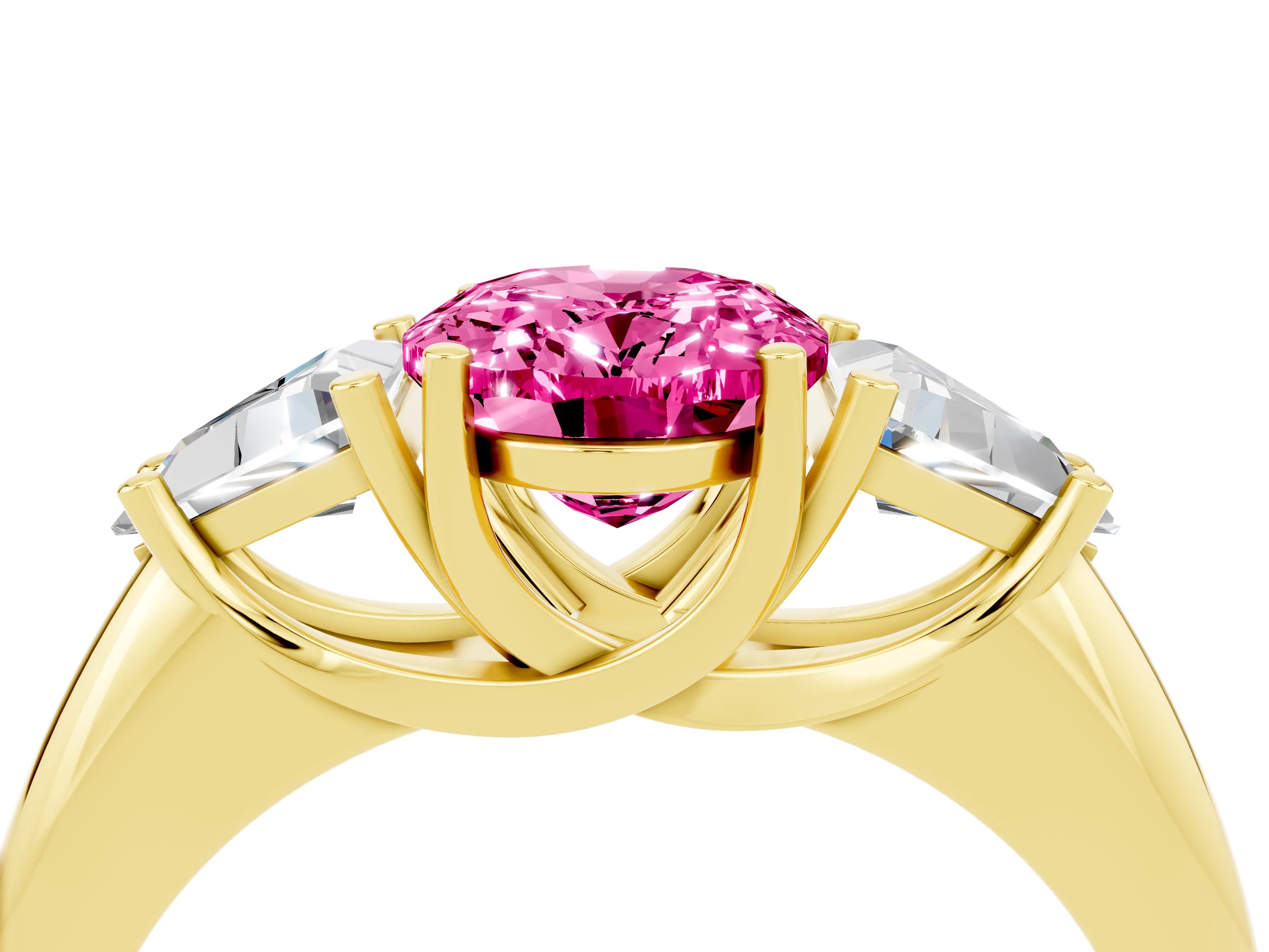 Yellow gold Three-Stone Oval Cut Cut Diamond Ring with Trillion Side Stones and Four-Prong Setting_4