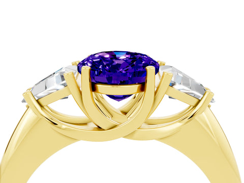 Yellow gold Three-Stone Oval Cut Cut Diamond Ring with Trillion Side Stones and Four-Prong Setting_4