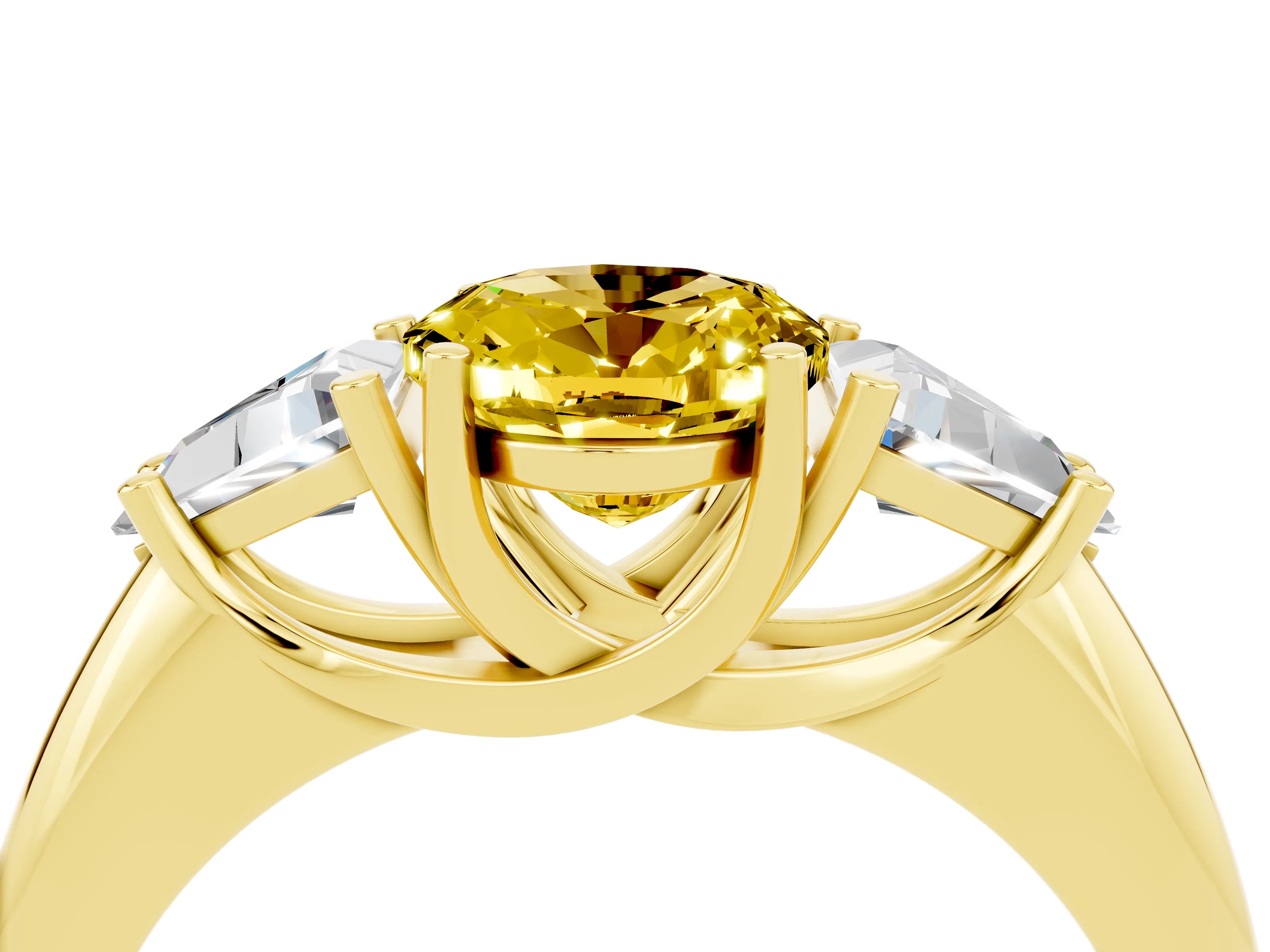 Yellow gold Three-Stone Oval Cut Cut Diamond Ring with Trillion Side Stones and Four-Prong Setting_4