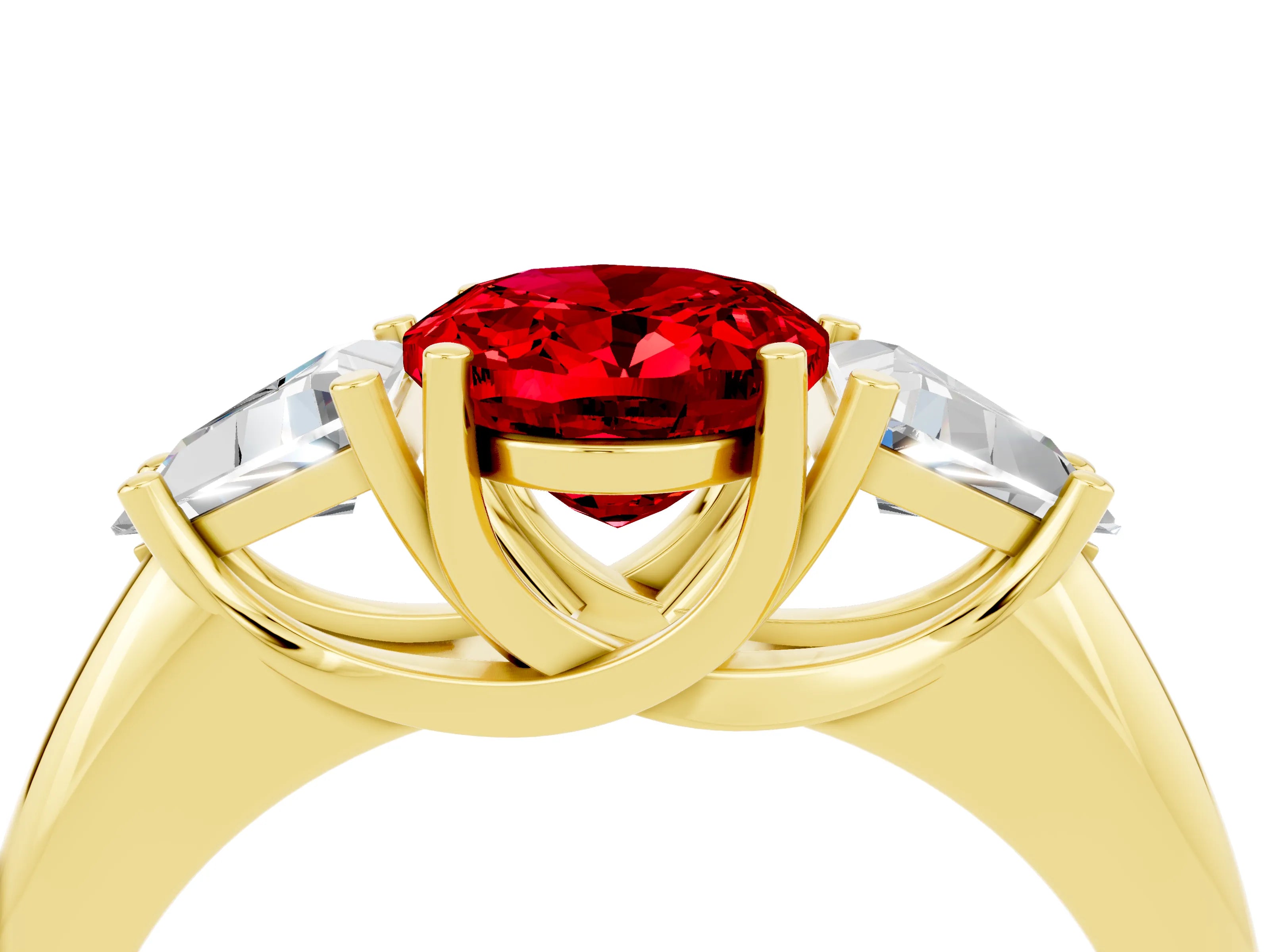 Yellow gold Three-Stone Oval Cut Cut Diamond Ring with Trillion Side Stones and Four-Prong Setting_4