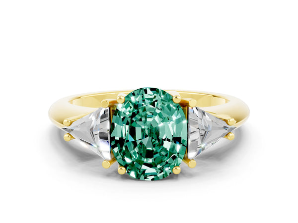 Yellow gold Three-Stone Oval Cut Cut Diamond Ring with Trillion Side Stones and Four-Prong Setting