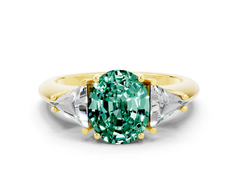 Yellow gold Three-Stone Oval Cut Cut Diamond Ring with Trillion Side Stones and Four-Prong Setting
