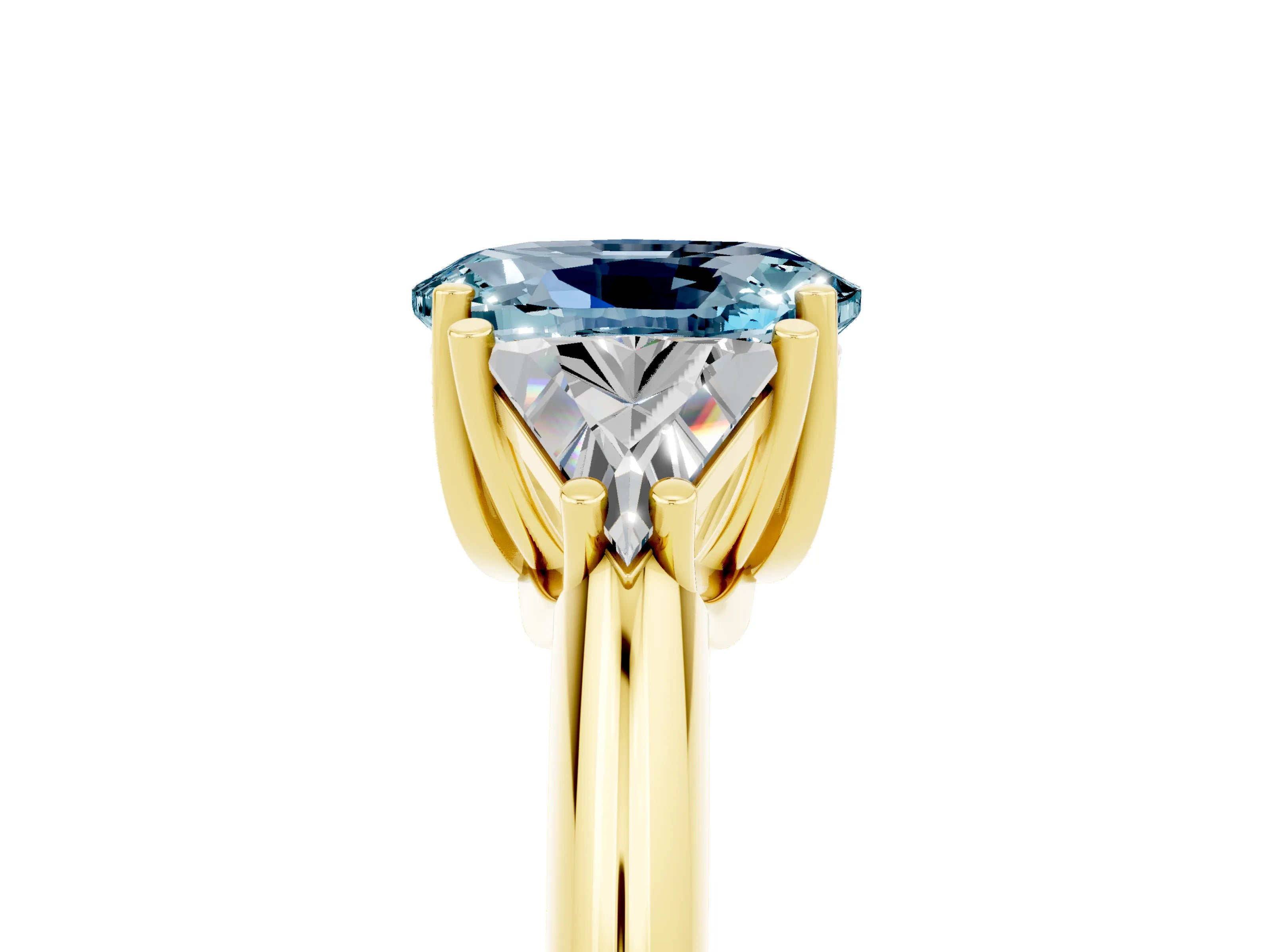 Yellow gold Three-Stone Oval Cut Cut Diamond Ring with Trillion Side Stones and Four-Prong Setting_5