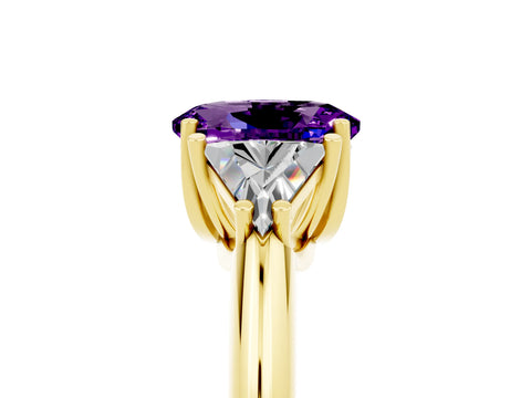 Yellow gold Three-Stone Oval Cut Cut Diamond Ring with Trillion Side Stones and Four-Prong Setting_5