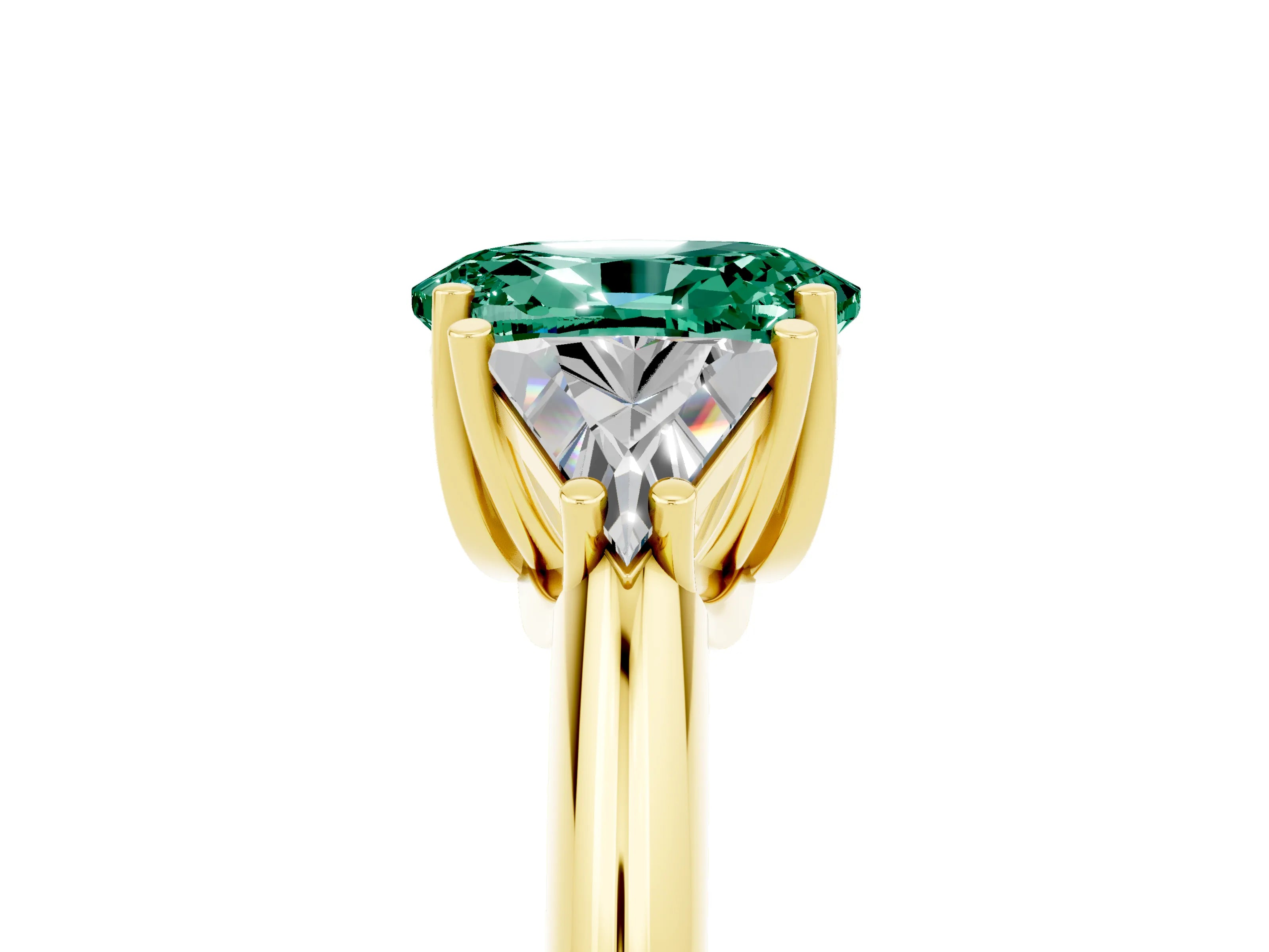 Yellow gold Three-Stone Oval Cut Cut Diamond Ring with Trillion Side Stones and Four-Prong Setting_5