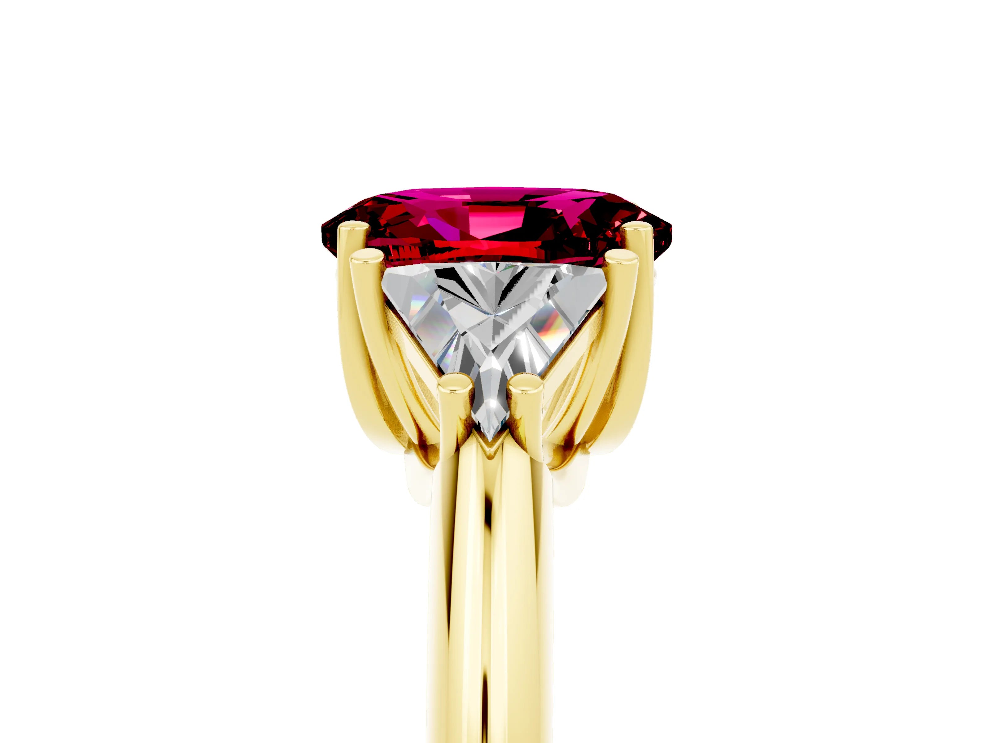 Yellow gold Three-Stone Oval Cut Cut Diamond Ring with Trillion Side Stones and Four-Prong Setting_5