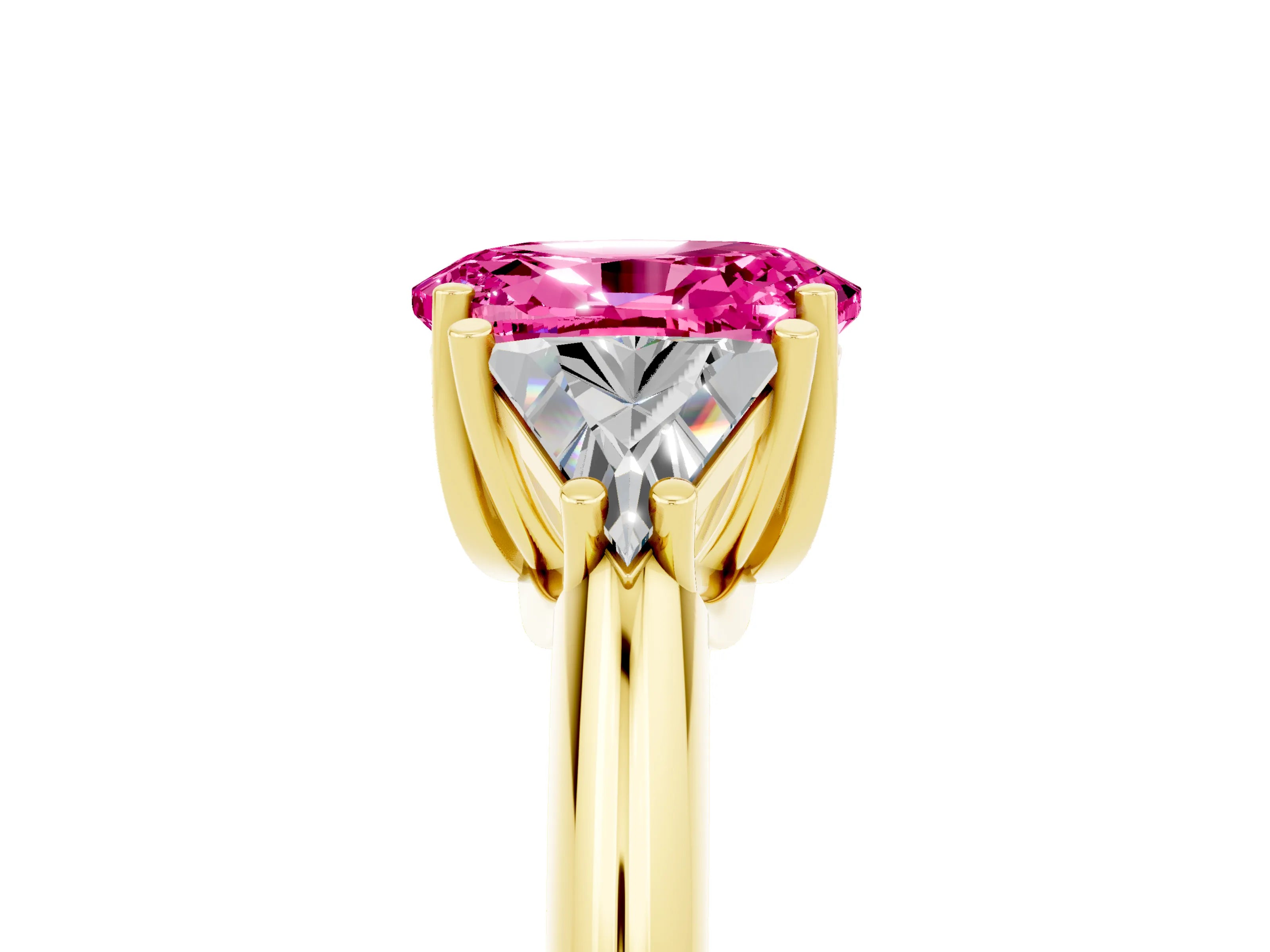 Yellow gold Three-Stone Oval Cut Cut Diamond Ring with Trillion Side Stones and Four-Prong Setting_5