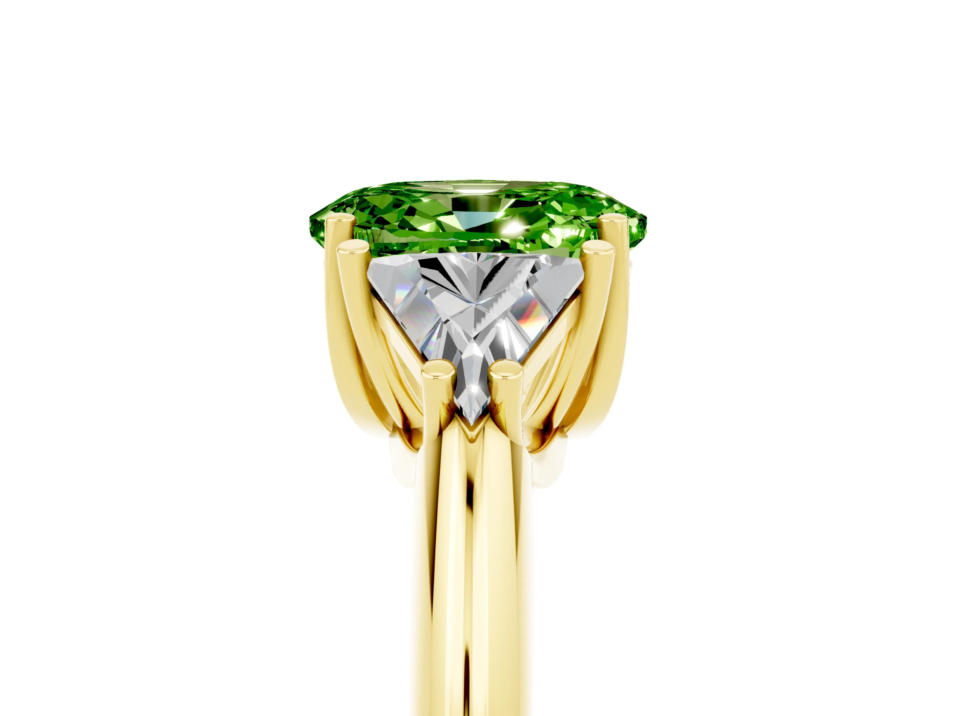 Yellow gold Three-Stone Oval Cut Cut Diamond Ring with Trillion Side Stones and Four-Prong Setting_5
