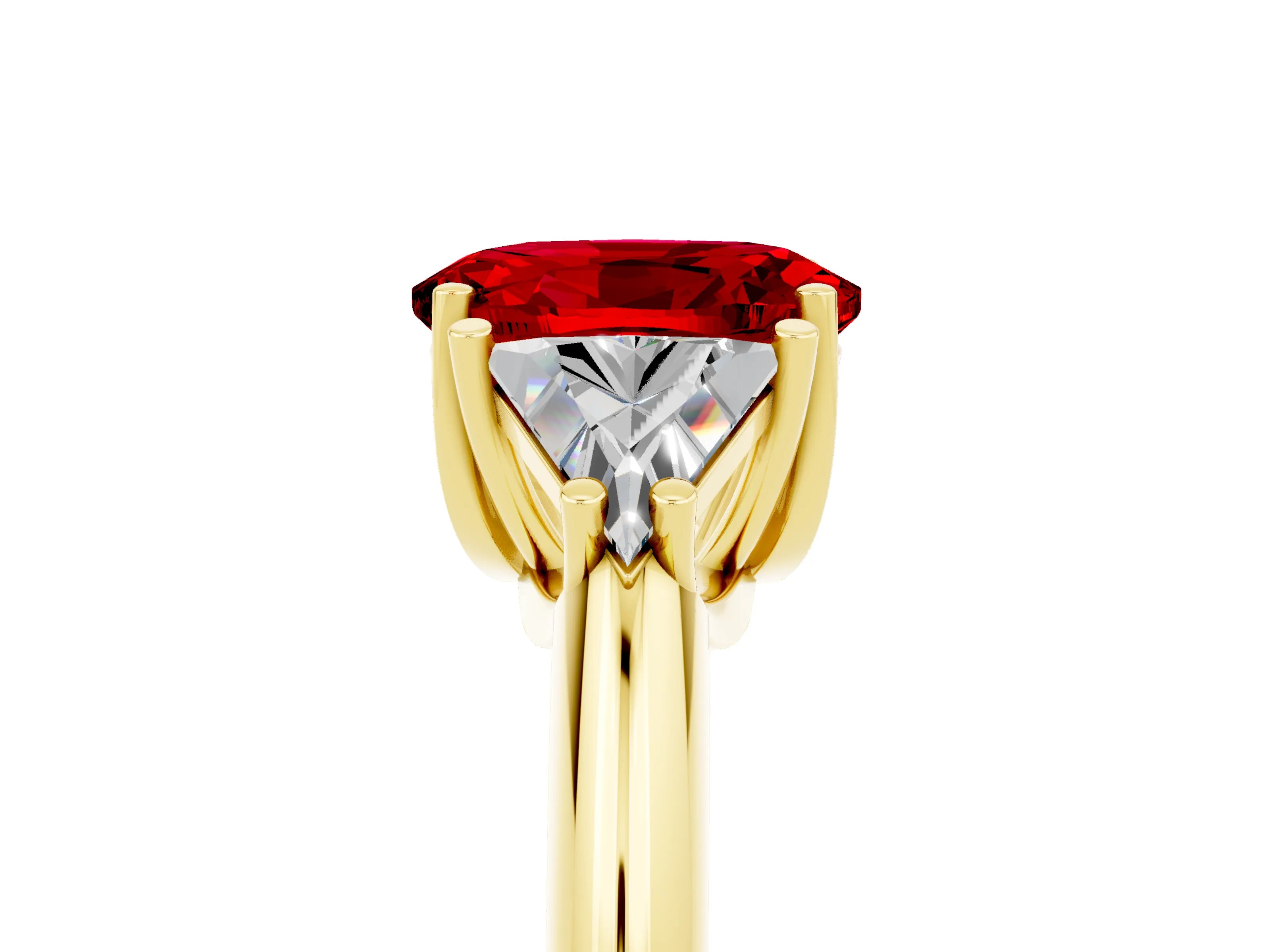 Yellow gold Three-Stone Oval Cut Cut Diamond Ring with Trillion Side Stones and Four-Prong Setting_5
