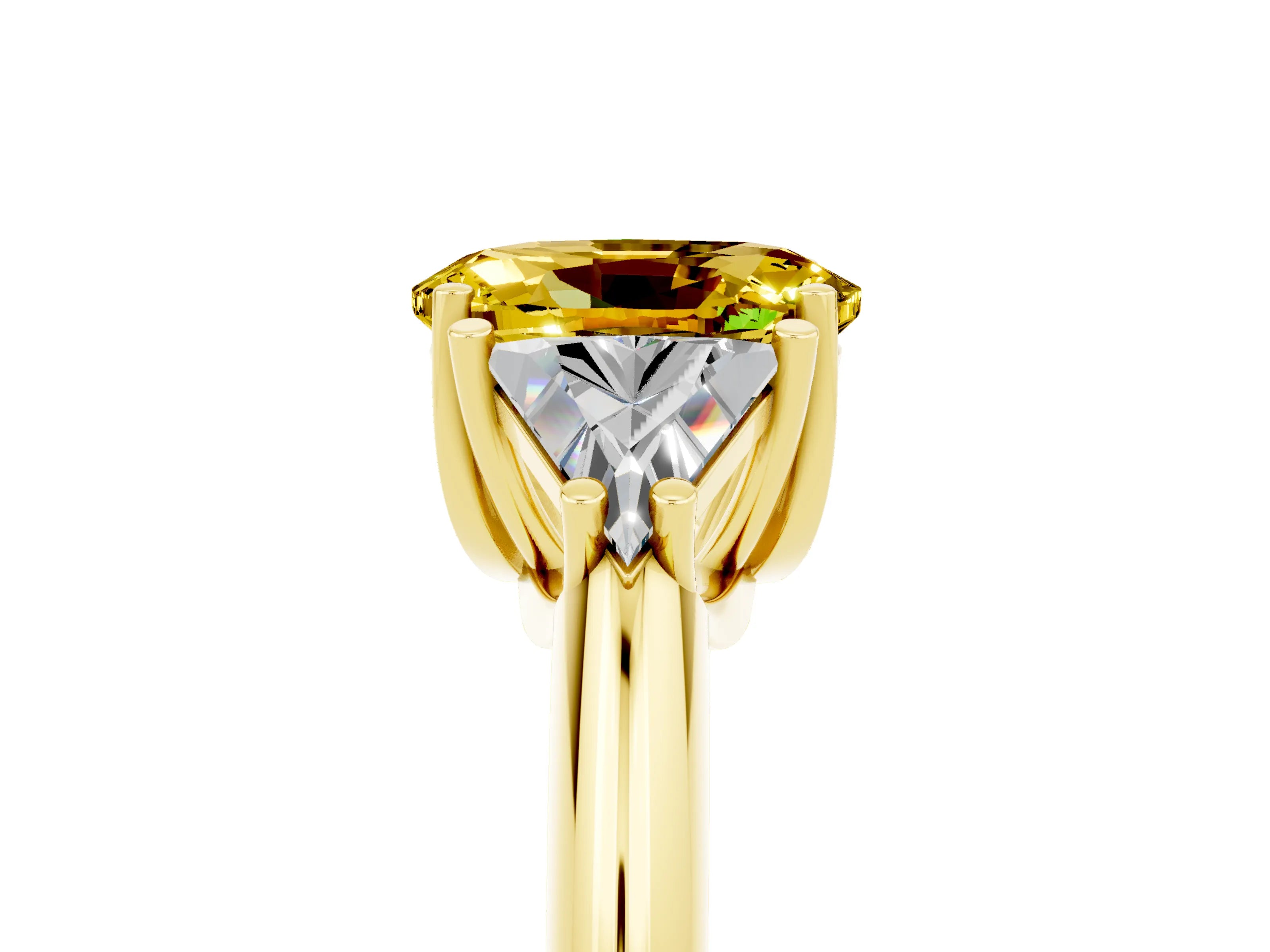 Yellow gold Three-Stone Oval Cut Cut Diamond Ring with Trillion Side Stones and Four-Prong Setting_5