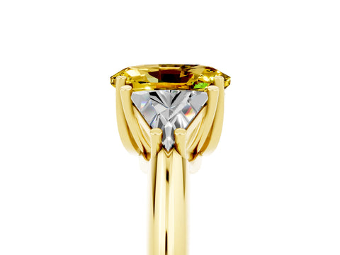 Yellow gold Three-Stone Oval Cut Cut Diamond Ring with Trillion Side Stones and Four-Prong Setting_5