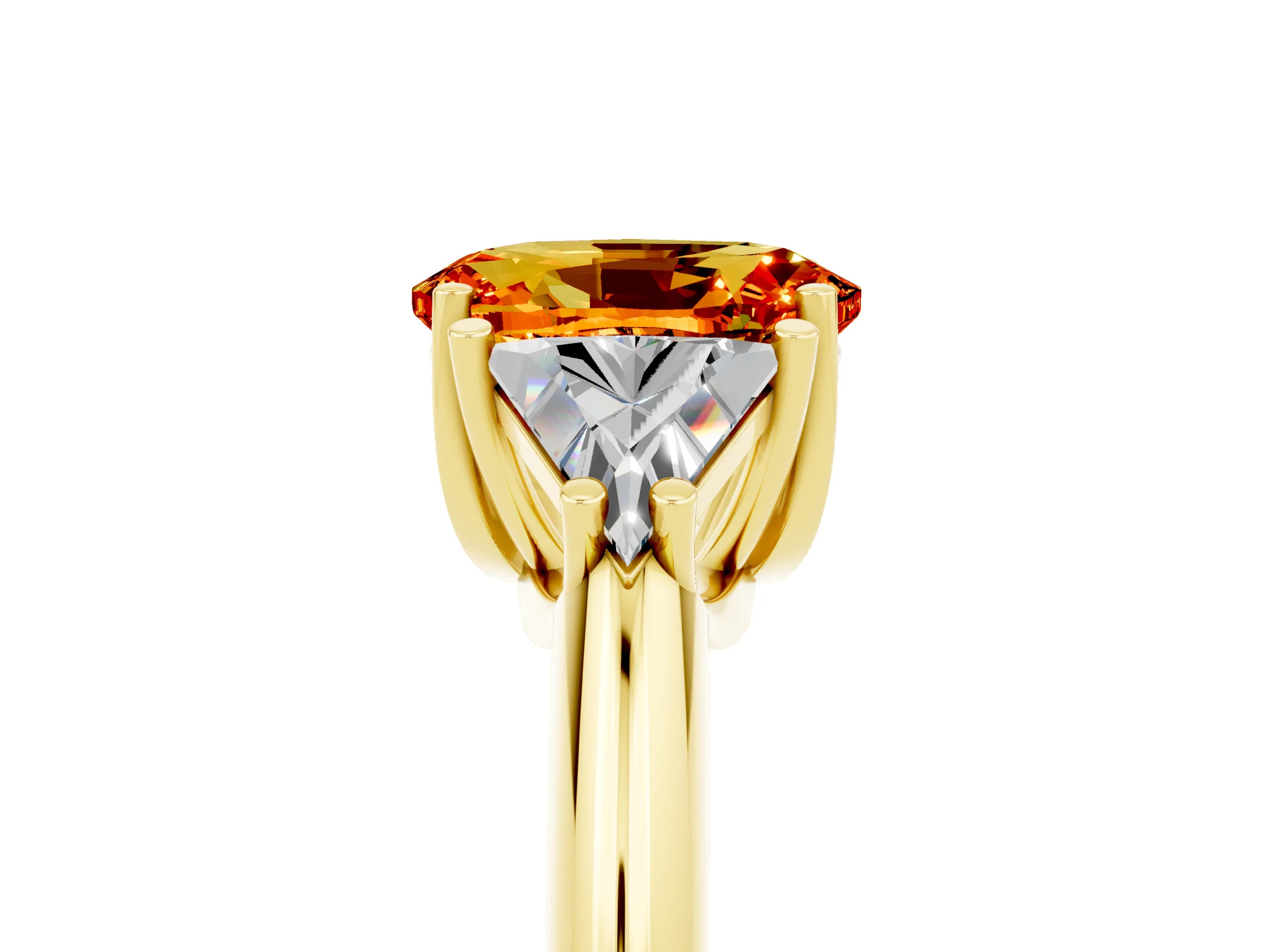 Yellow gold Three-Stone Oval Cut Cut Diamond Ring with Trillion Side Stones and Four-Prong Setting_5