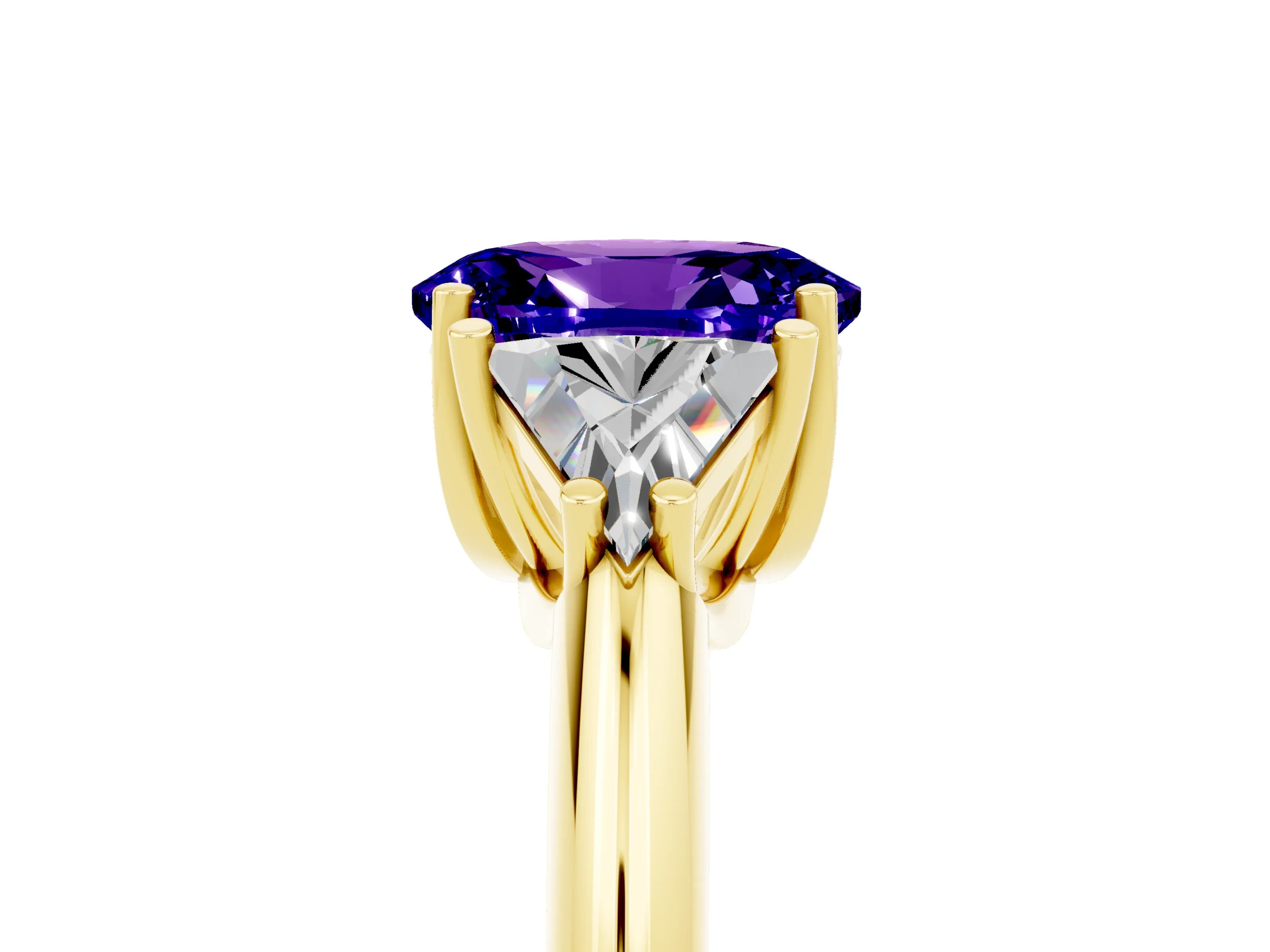 Yellow gold Three-Stone Oval Cut Cut Diamond Ring with Trillion Side Stones and Four-Prong Setting_5
