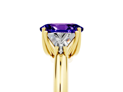 Yellow gold Three-Stone Oval Cut Cut Diamond Ring with Trillion Side Stones and Four-Prong Setting_5