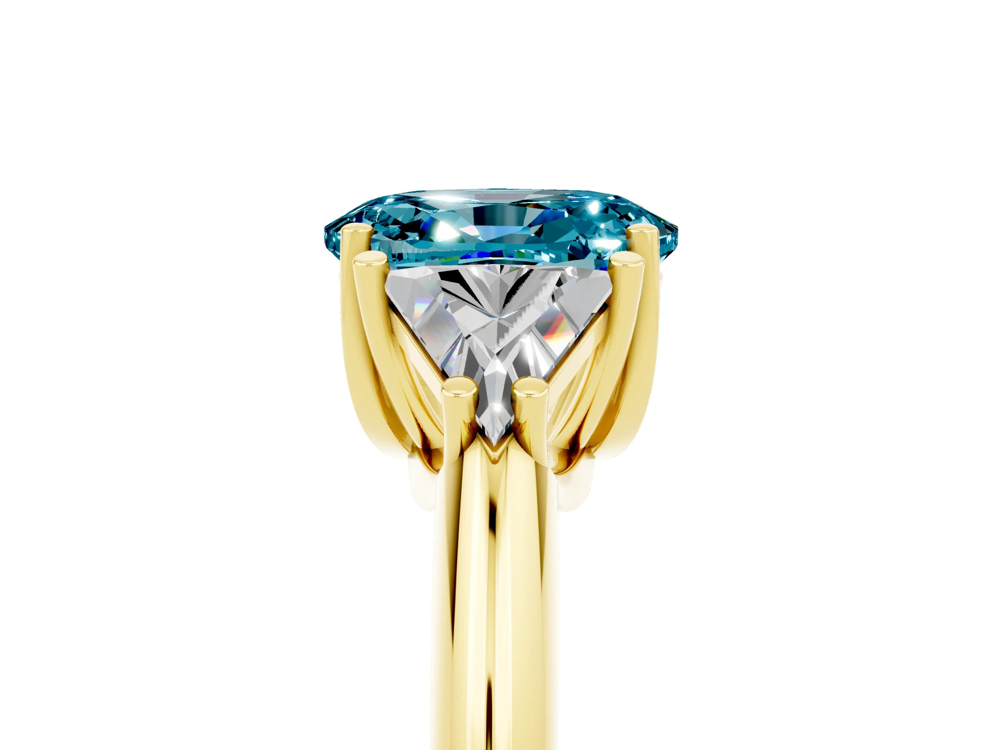 Yellow gold Three-Stone Oval Cut Cut Diamond Ring with Trillion Side Stones and Four-Prong Setting_5