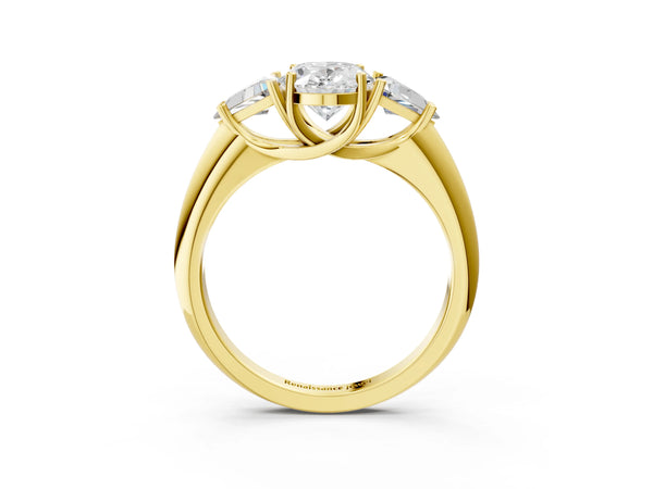 Yellow gold Three-Stone Oval Cut Cut Diamond Ring with Trillion Side Stones and Four-Prong Setting