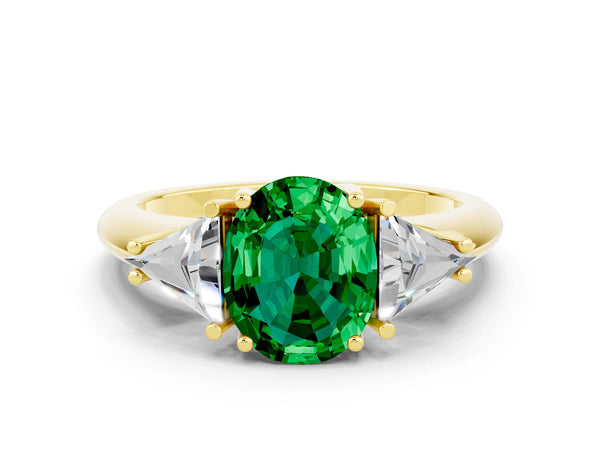 Yellow gold Three-Stone Oval Cut Emerald Engagement Ring with Trillion Side Stones and Prong Setting