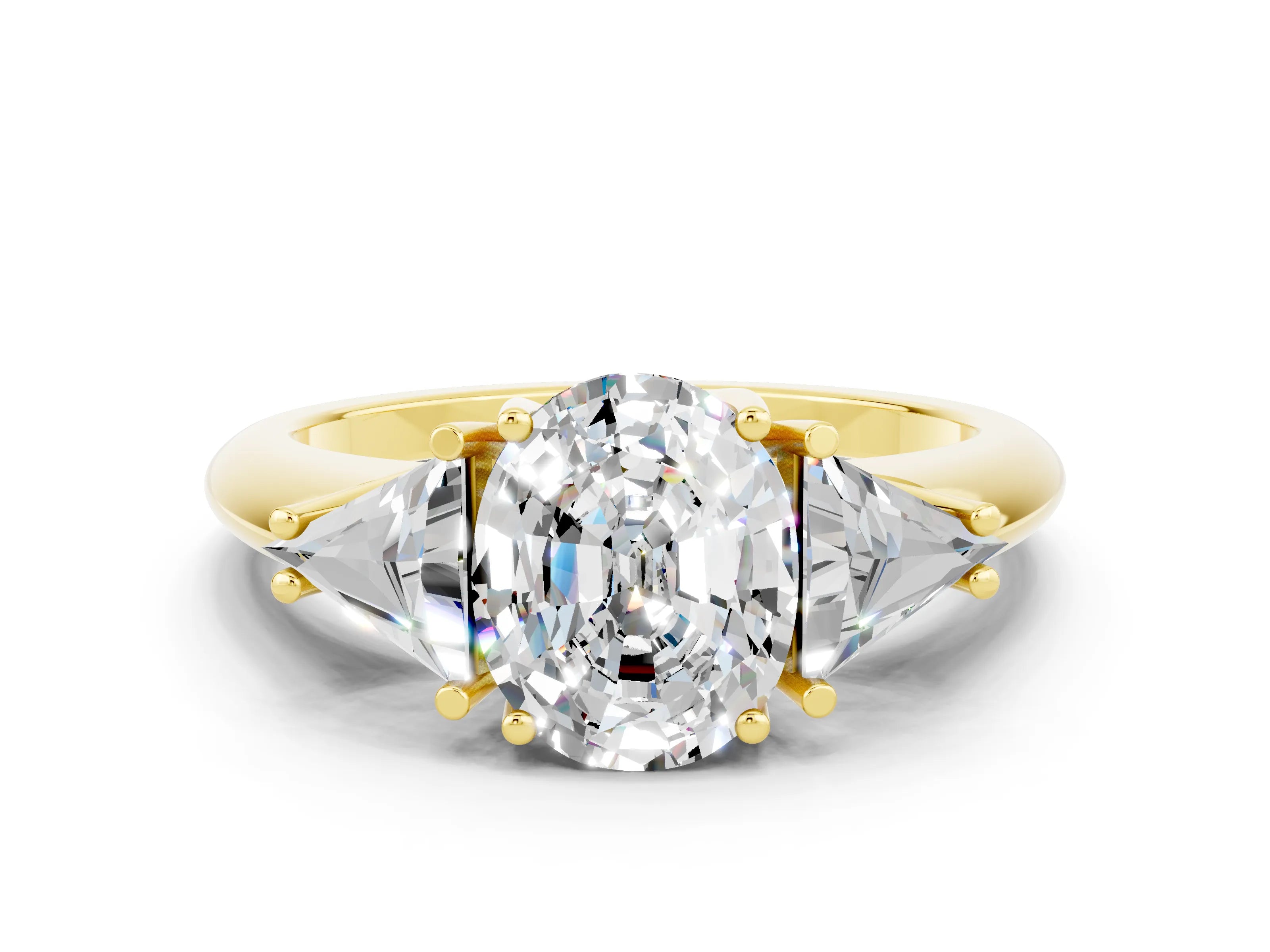 Yellow gold Three-Stone Oval Cut Cut Diamond Ring with Trillion Side Stones and Four-Prong Setting