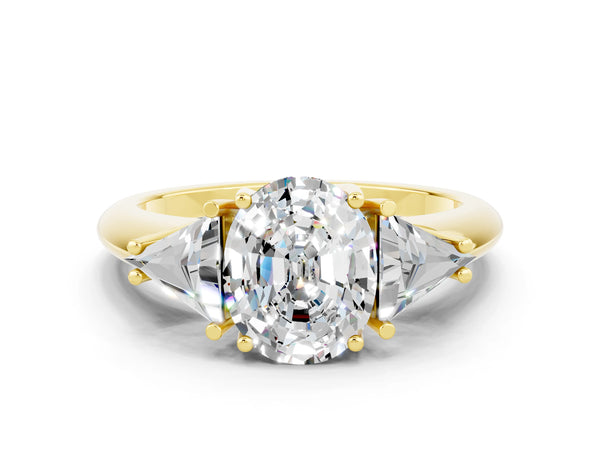 Yellow gold Three-Stone Oval Cut Moissanite Engagement Ring with Trillion Side Stones and Prong Setting