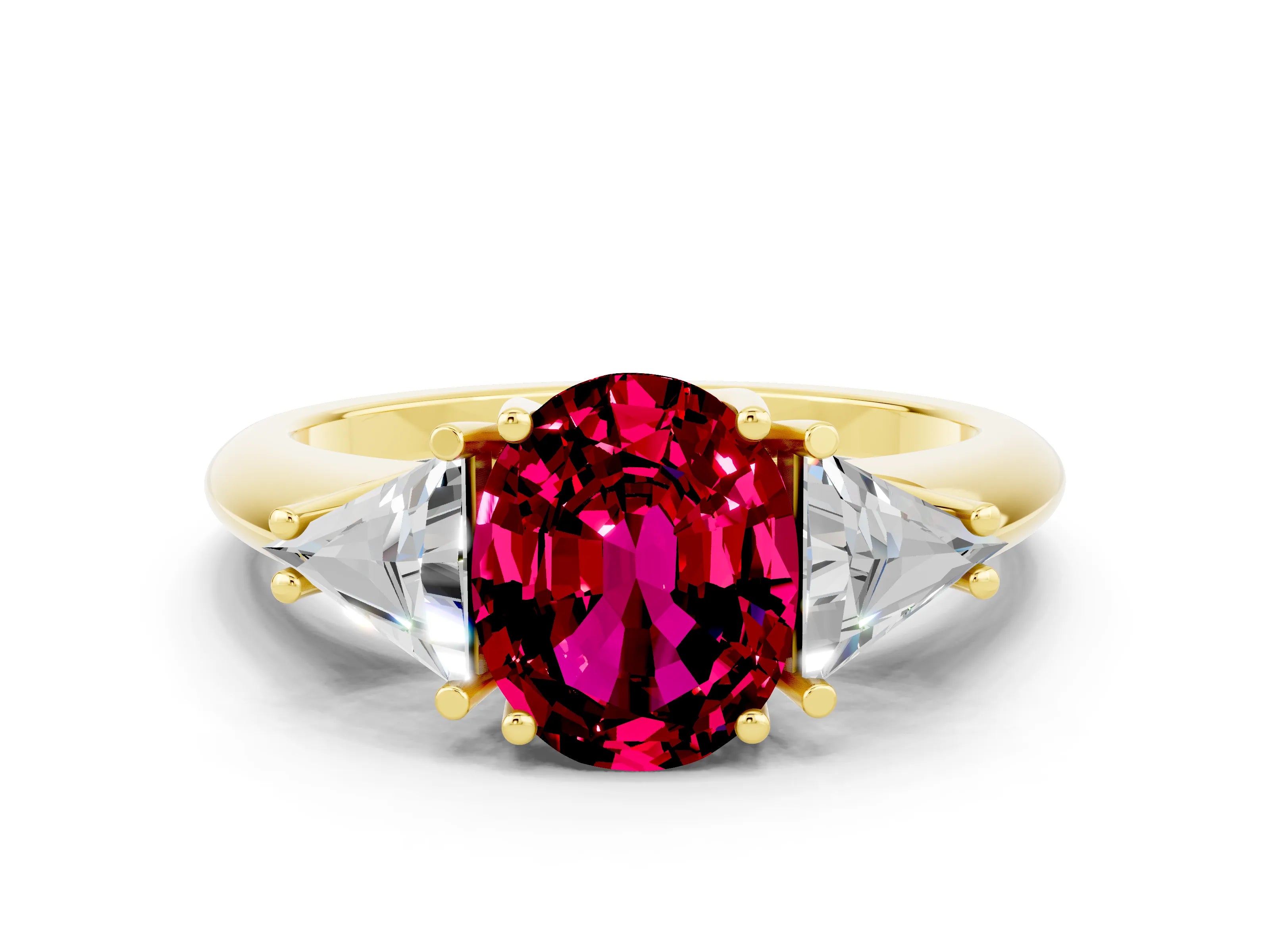 Yellow gold Three-Stone Oval Cut Cut Diamond Ring with Trillion Side Stones and Four-Prong Setting