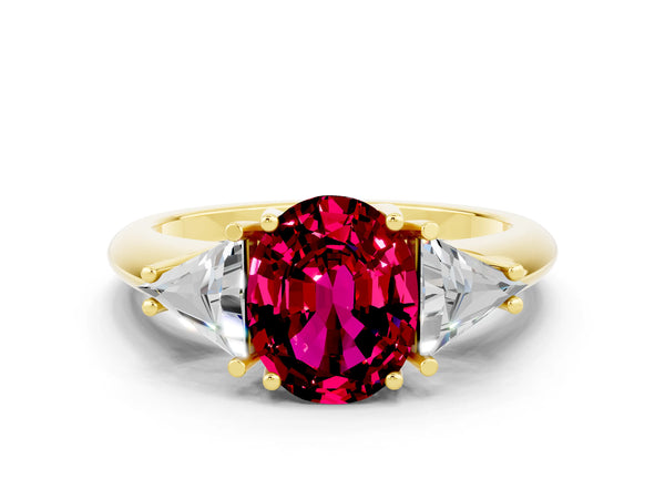 Yellow gold Three-Stone Oval Cut Garnet Engagement Ring with Trillion Side Stones and Prong Setting