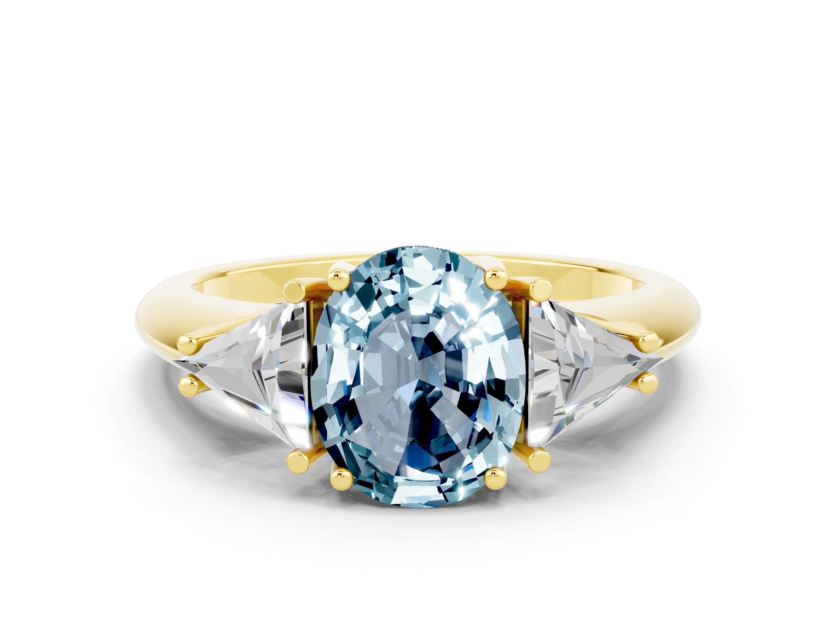 Yellow gold Three-Stone Oval Cut Cut Diamond Ring with Trillion Side Stones and Four-Prong Setting