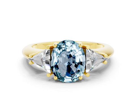 Yellow gold Three-Stone Oval Cut Cut Diamond Ring with Trillion Side Stones and Four-Prong Setting