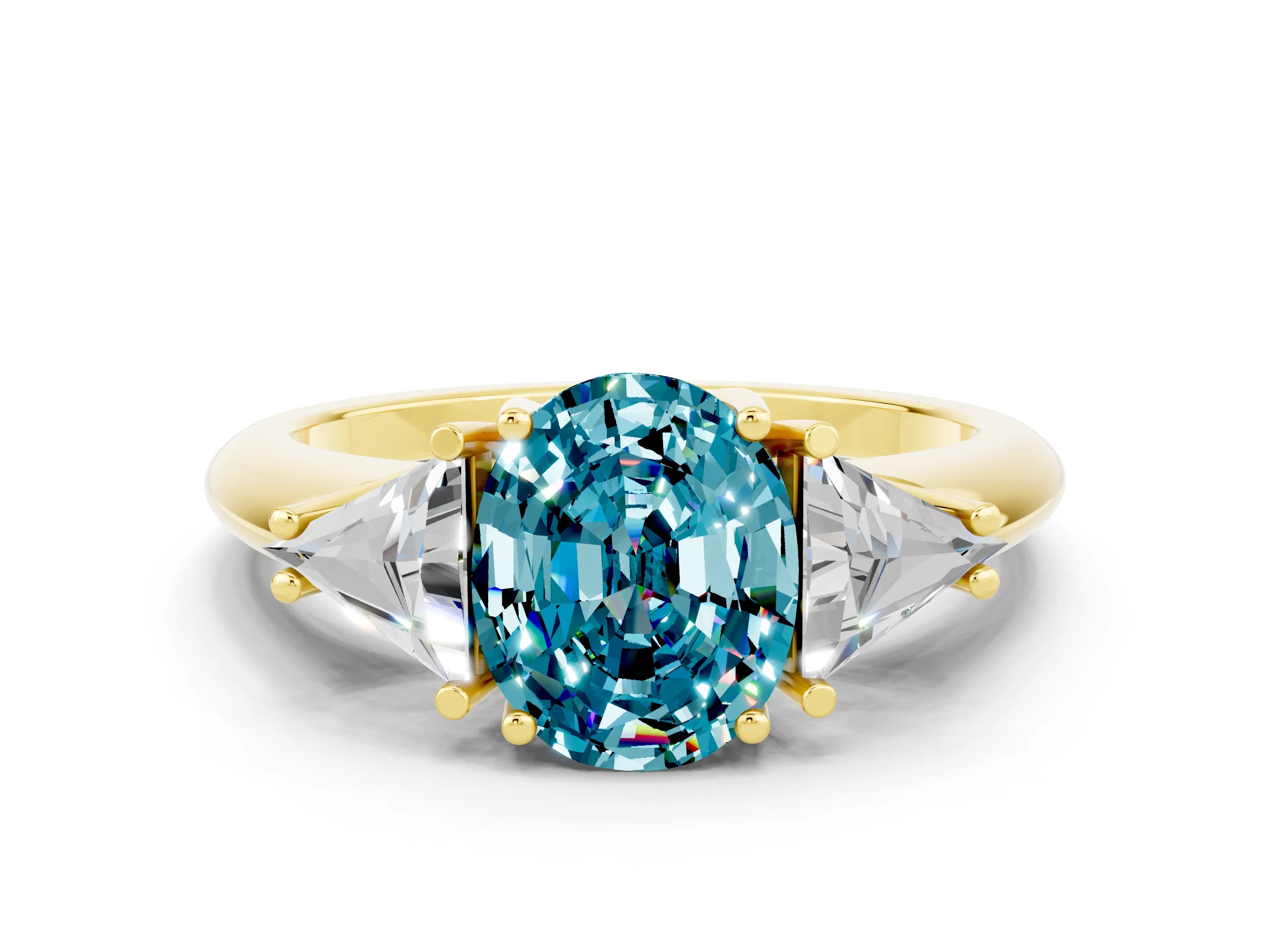 Yellow gold Three-Stone Oval Cut Cut Diamond Ring with Trillion Side Stones and Four-Prong Setting