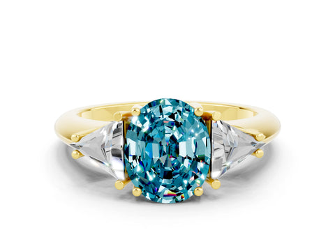 Yellow gold Three-Stone Oval Cut Cut Diamond Ring with Trillion Side Stones and Four-Prong Setting