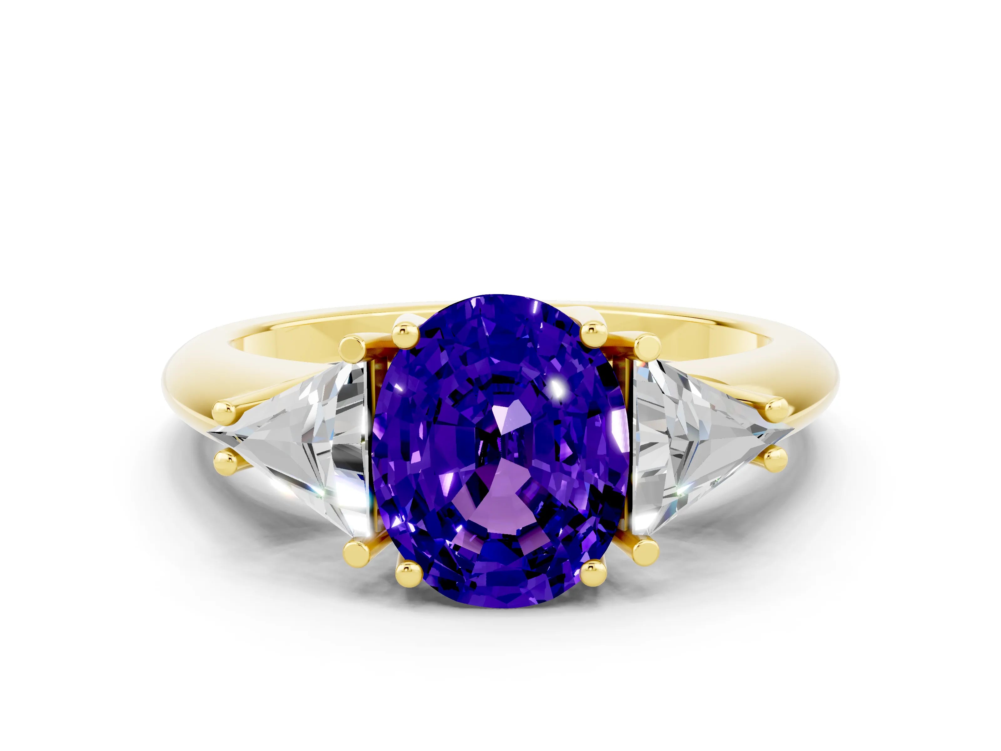 Yellow gold Three-Stone Oval Cut Cut Diamond Ring with Trillion Side Stones and Four-Prong Setting