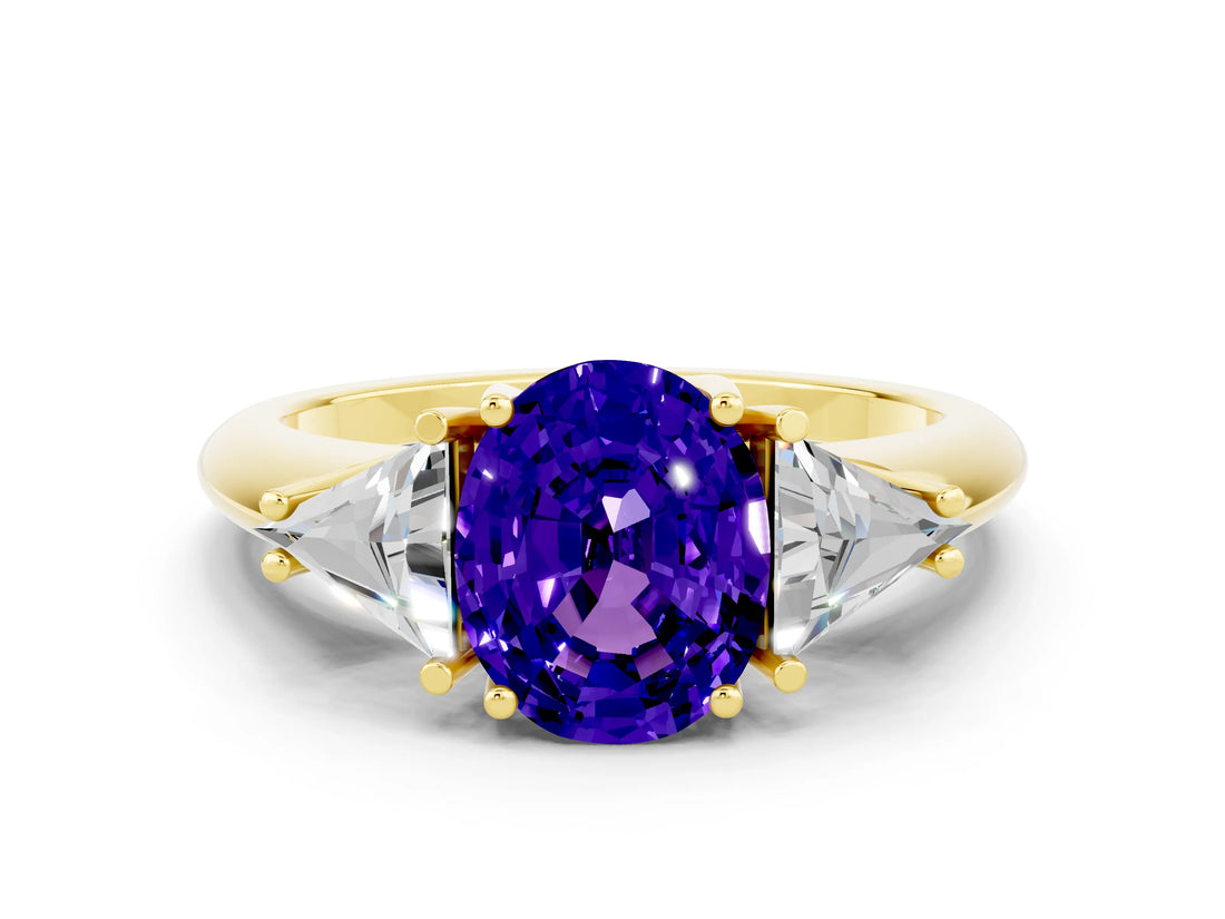 Yellow gold Three-Stone Oval Cut Cut Diamond Ring with Trillion Side Stones and Four-Prong Setting