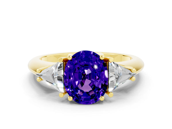 Yellow gold Three-Stone Oval Cut Tanzanite Engagement Ring with Trillion Side Stones and Prong Setting
