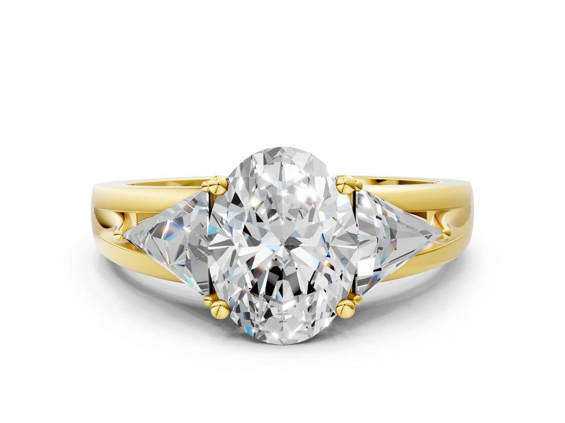 Yellow gold Three-Stone Oval Cut Cut Diamond Ring with Trillion Side Stones on a Split Shank Band_9