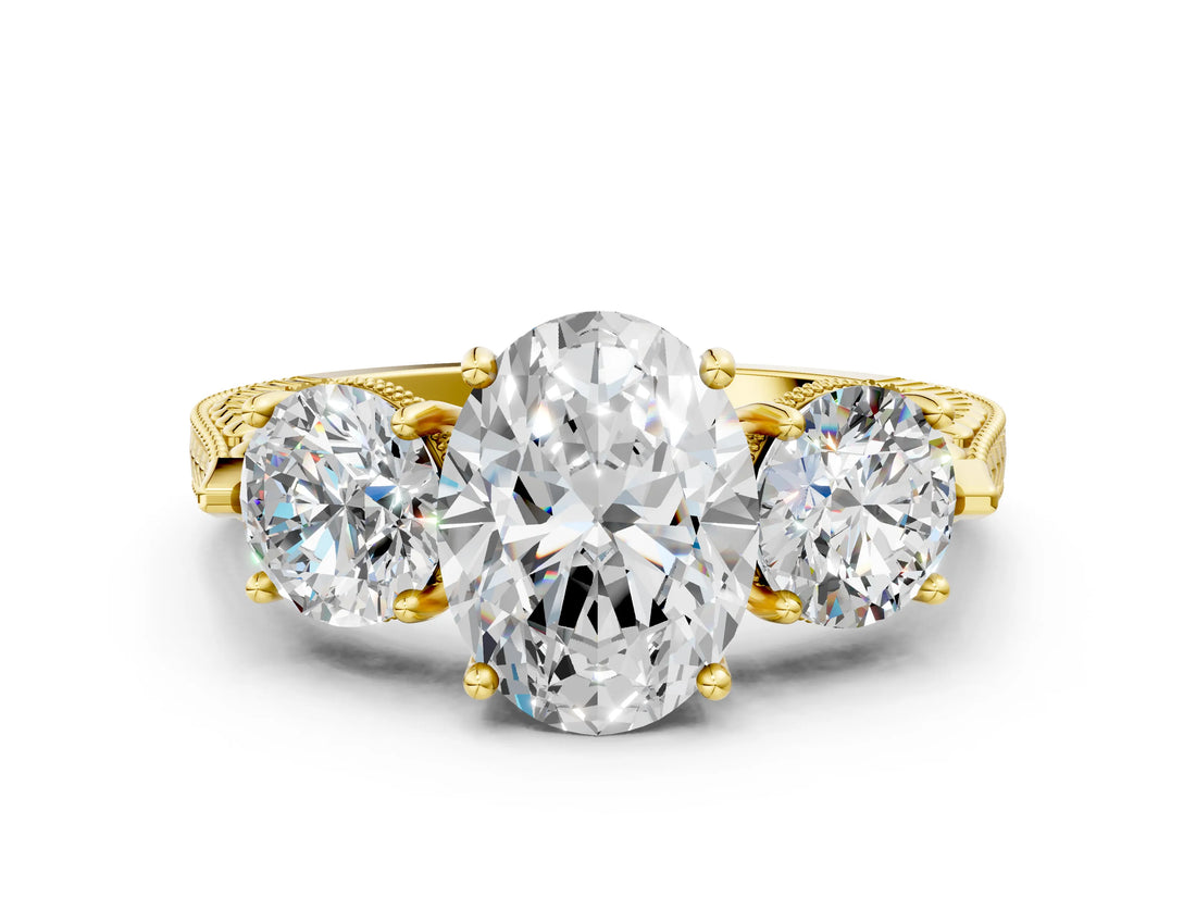 Yellow gold Three-Stone Oval Cut Cut Milgrain Band Prong Setting Ring_13