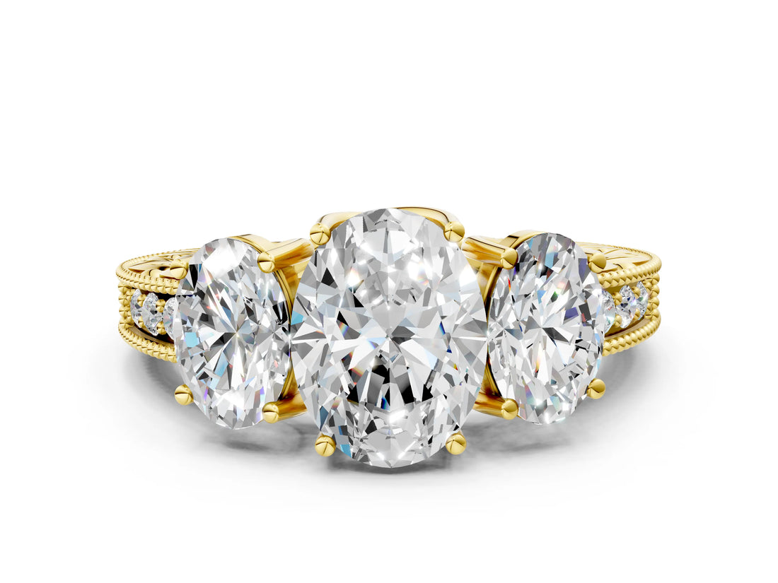Yellow gold Three-Stone Oval Cut Cut Milgrain Pavé Engagement Ring_3