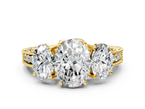 Yellow gold Three-Stone Oval Cut Cut Milgrain Pavé Engagement Ring