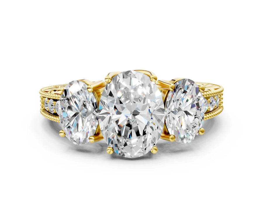 Yellow gold Three-Stone Oval Cut Cut Milgrain Pavé Engagement Ring